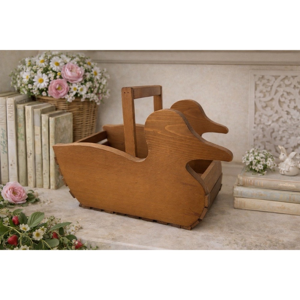 Vintage Wooden Duck Caddy Basket | Handmade Folk Art | Cottagecore Farmhouse